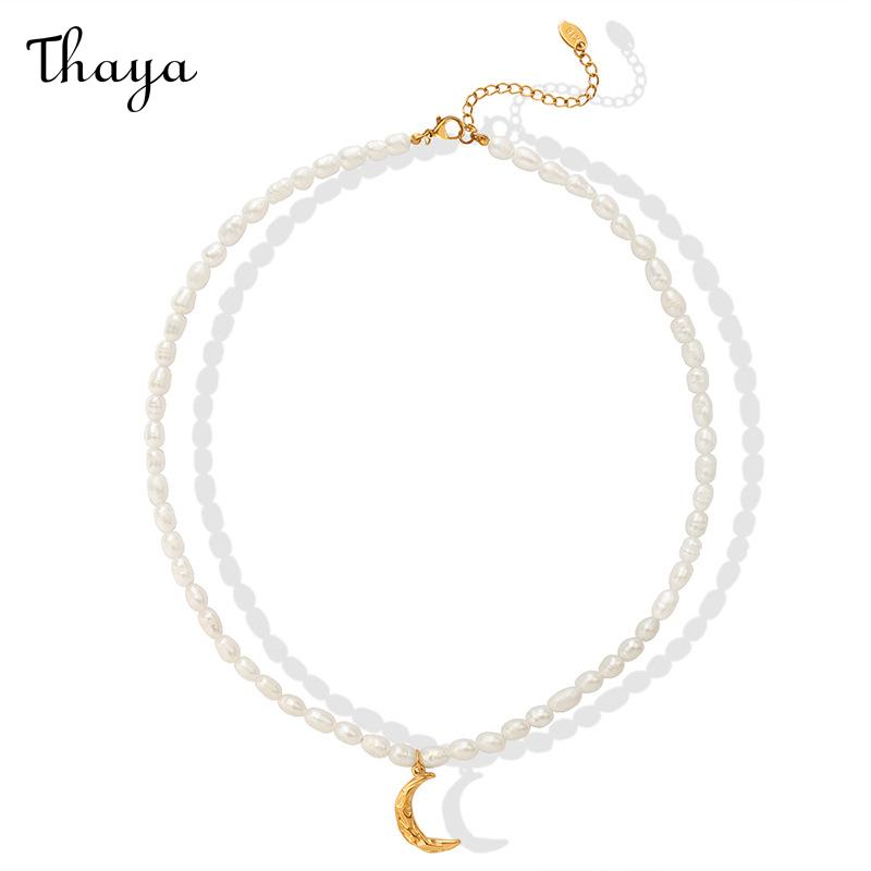 Thaya Freshwater Pearl Crescent Moon Charm Necklace