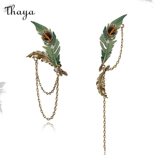 Thaya 🔥 Asymmetrical Green Peacock Feather Tassel Earrings