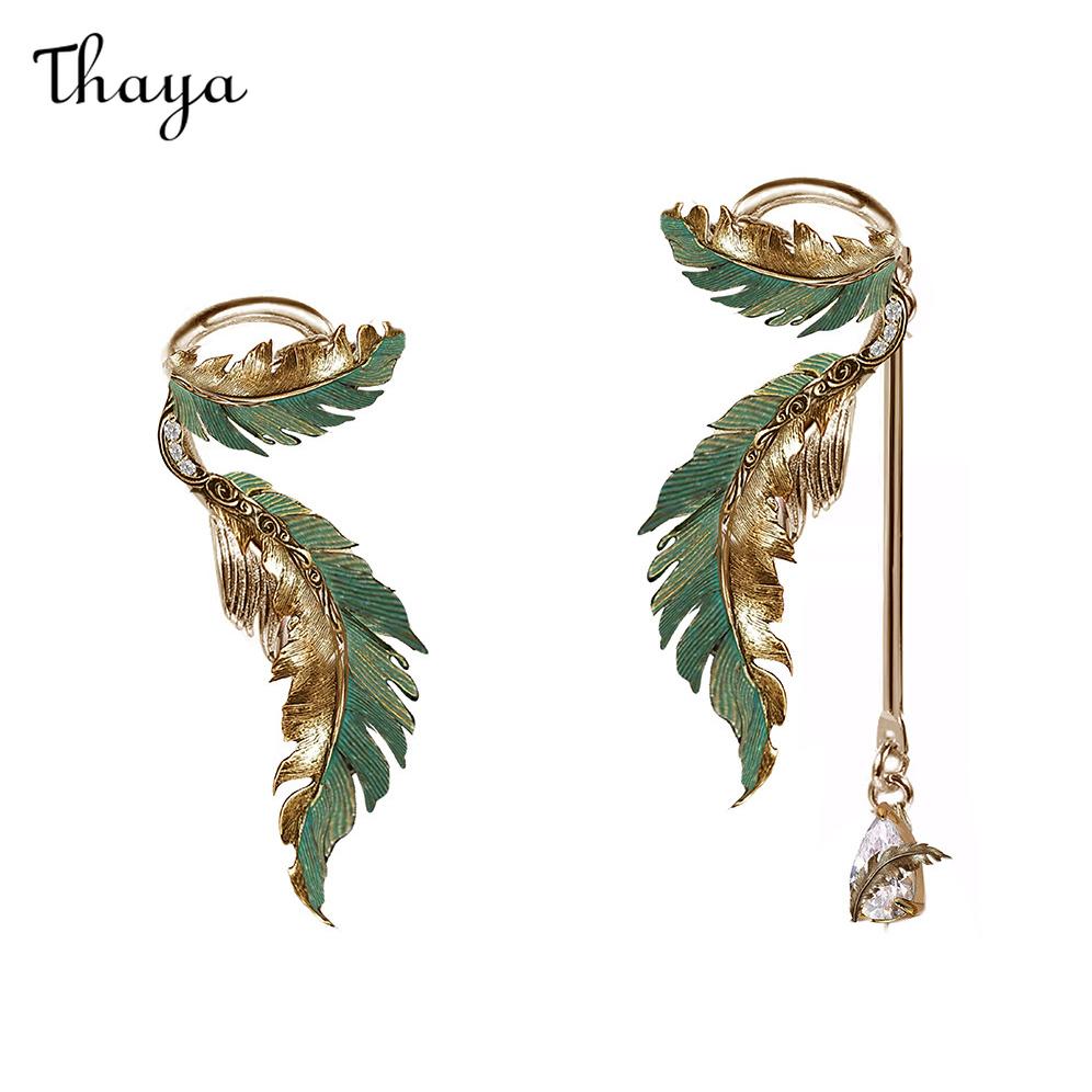 Thaya Green Feather Ear Cuff Earrings