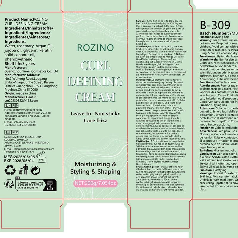 ROZINO Curl Defining Cream - Gentle Non-Washing Formula for Healthy Curls & Frizz Control - 200g Moisturizing Styling Shaping Leave-In Product