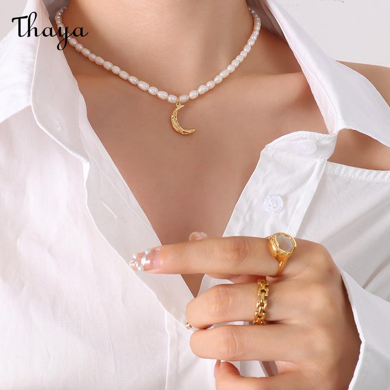 Thaya Freshwater Pearl  Crescent Moon Charm Necklace