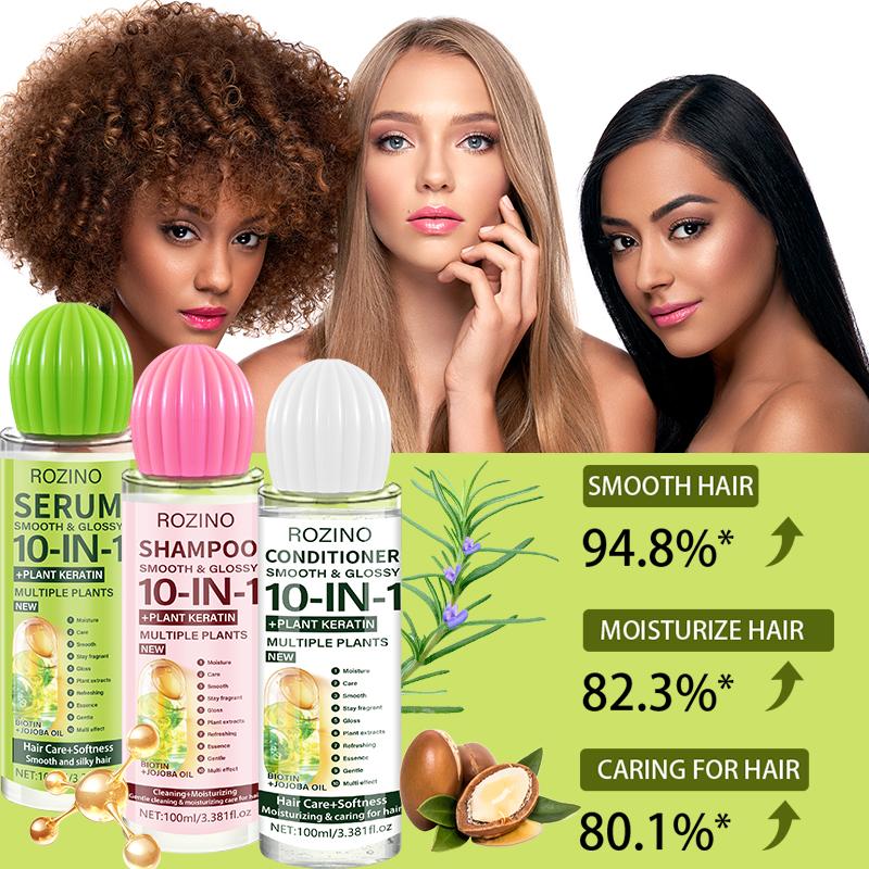 ROZINO 10 in 1 Hair Care Set Shampoo Conditioner Serum 100ml Keratin Jojoba Oil Long-lasting hydration and smoothness Plump and voluminous Essential moisture for radiant shine Suitable for all hair types