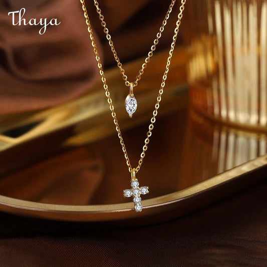 Thaya 925 Silver Mini Cross Double Chain Necklace