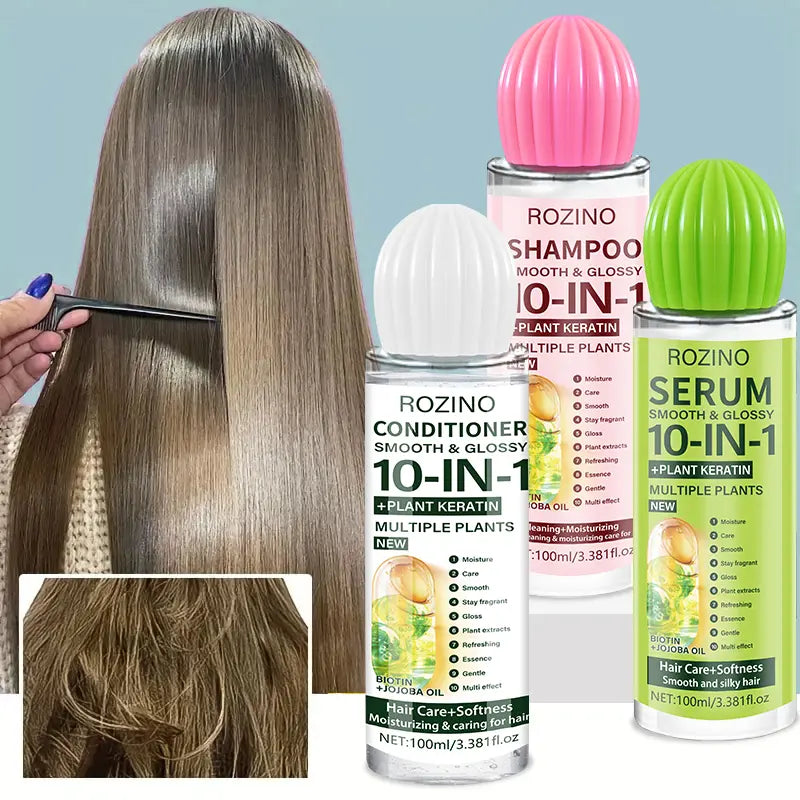 ROZINO 10 in 1 Hair Care Set Shampoo Conditioner Serum 100ml Keratin Jojoba Oil Long-lasting hydration and smoothness Plump and voluminous Essential moisture for radiant shine Suitable for all hair types