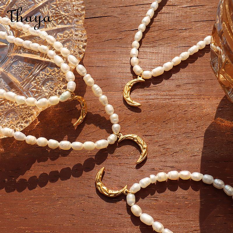 Thaya Freshwater Pearl  Crescent Moon Charm Necklace