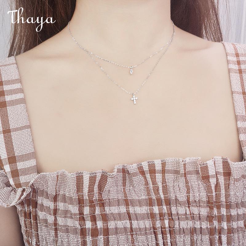 Thaya 925 Silver Mini Cross Double Chain Necklace