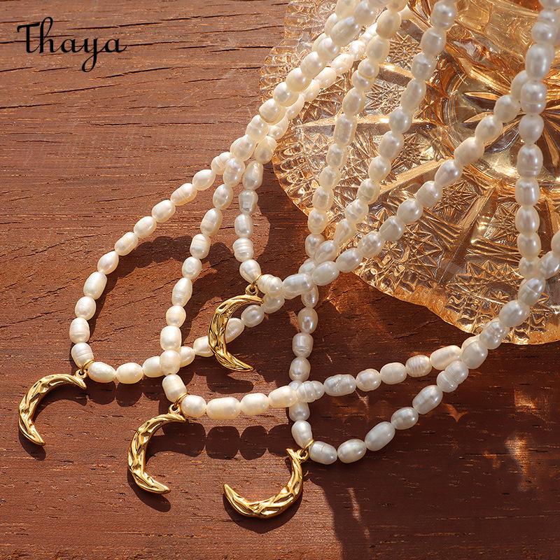 Thaya Freshwater Pearl  Crescent Moon Charm Necklace