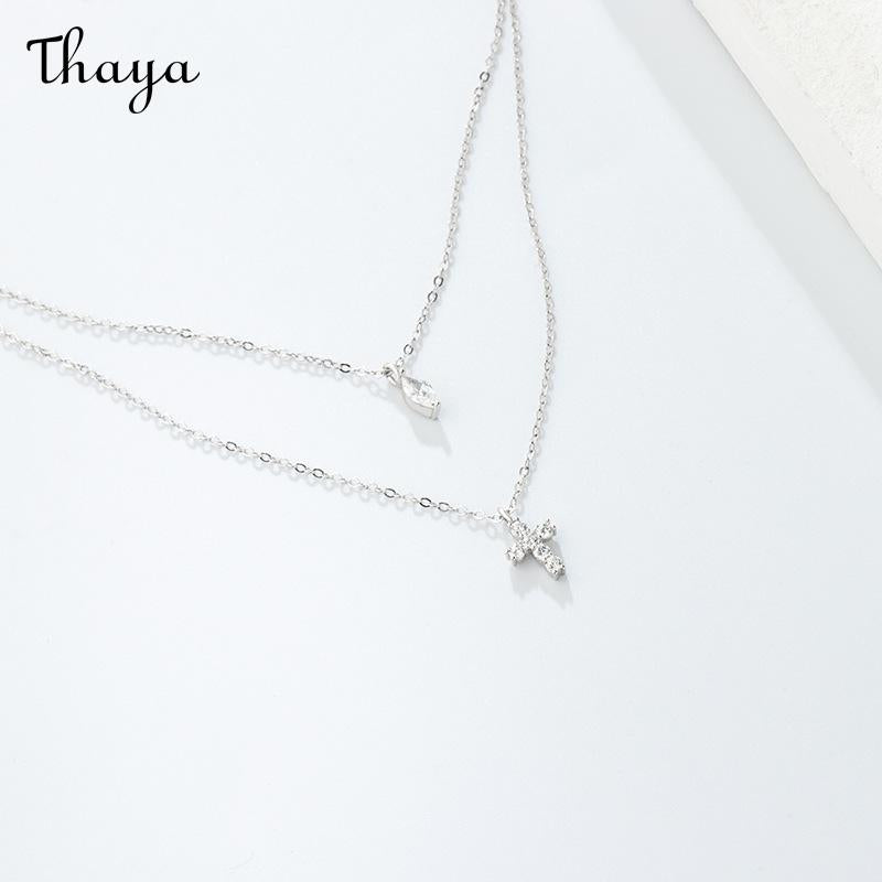 Thaya 925 Silver Mini Cross Double Chain Necklace