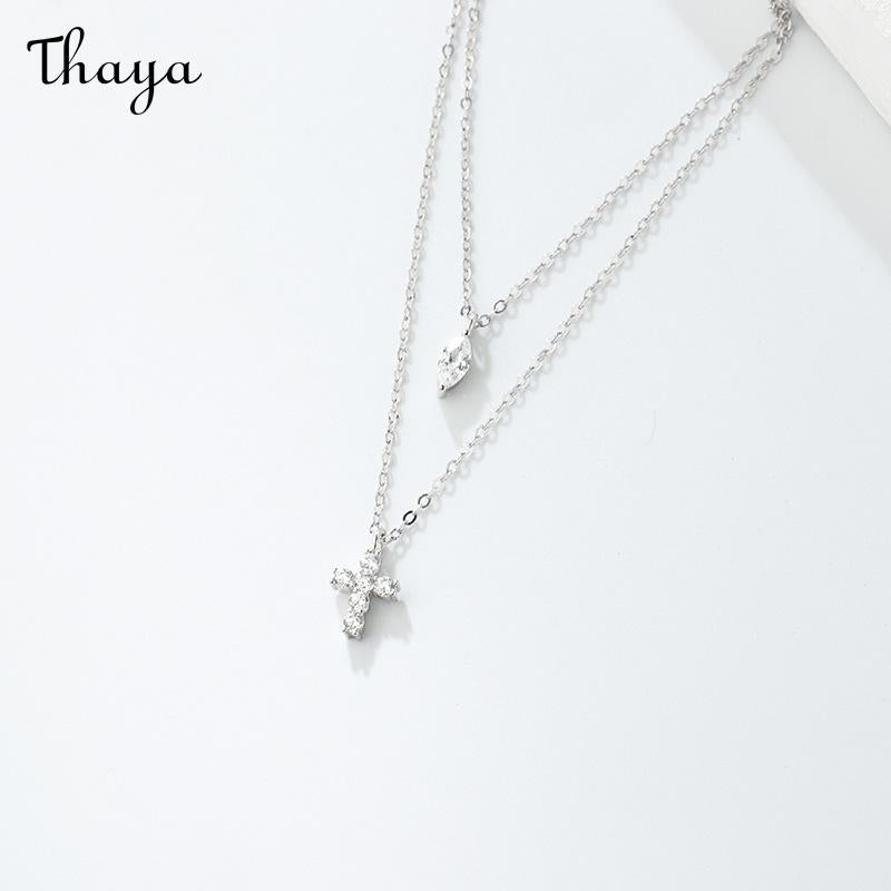 Thaya 925 Silver Mini Cross Double Chain Necklace