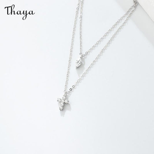 Thaya 925 Silver Mini Cross Double Chain Necklace