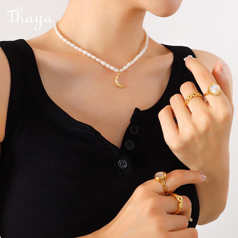 Thaya Freshwater Pearl  Crescent Moon Charm Necklace
