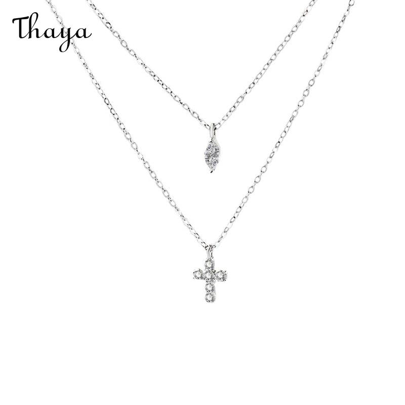 Thaya 925 Silver Mini Cross Double Chain Necklace