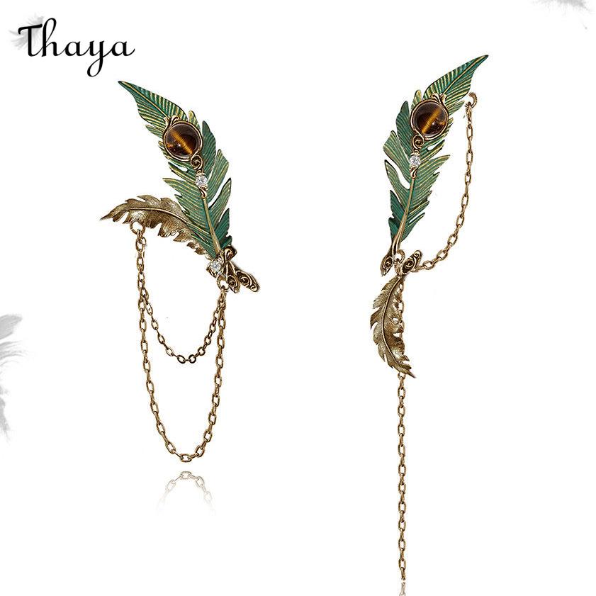 Thaya 🔥 Asymmetrical Green Peacock Feather Tassel Earrings
