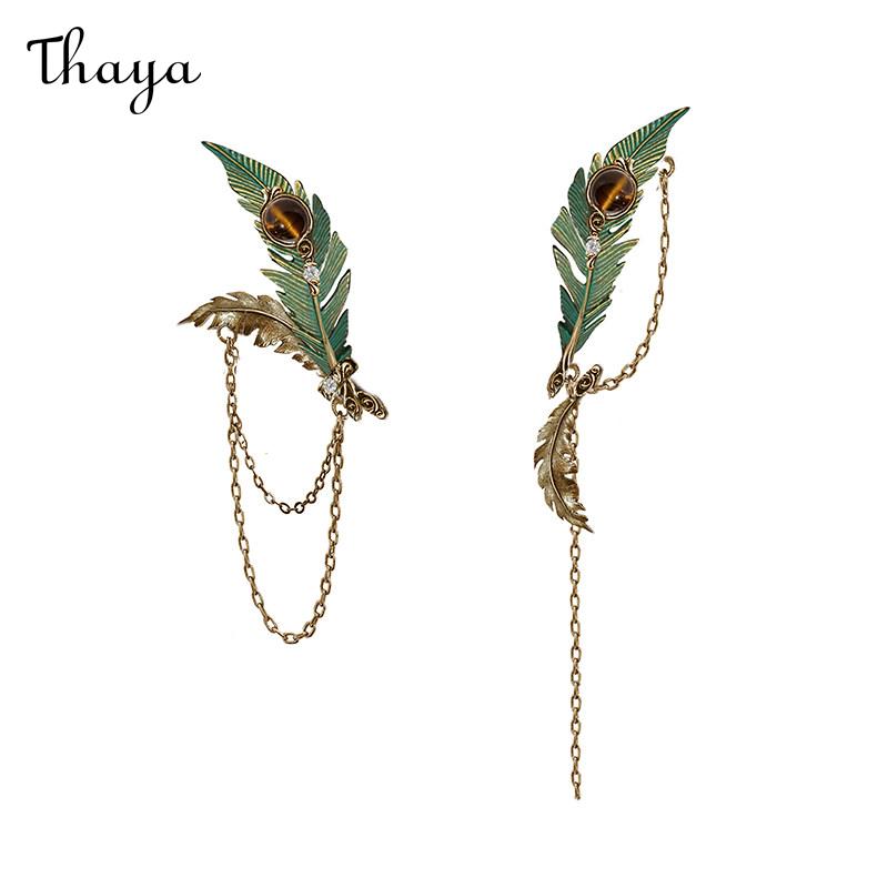 Thaya 🔥 Asymmetrical Green Peacock Feather Tassel Earrings