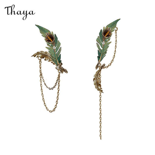 Thaya 🔥 Asymmetrical Green Peacock Feather Tassel Earrings
