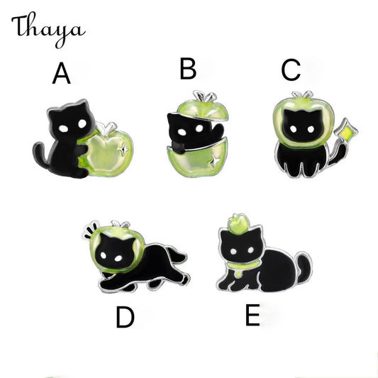 Thaya Cute Black Cat Green Apple Earring