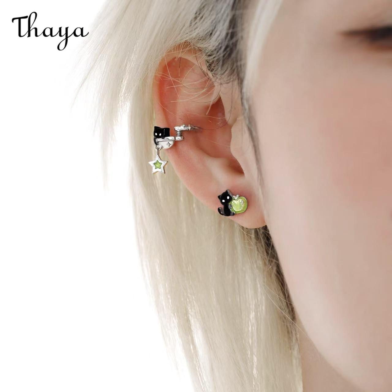 Thaya Cute Black Cat Green Apple Earring