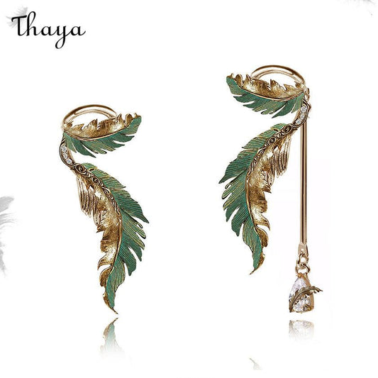 Thaya Green Feather  Ear Cuff Earrings