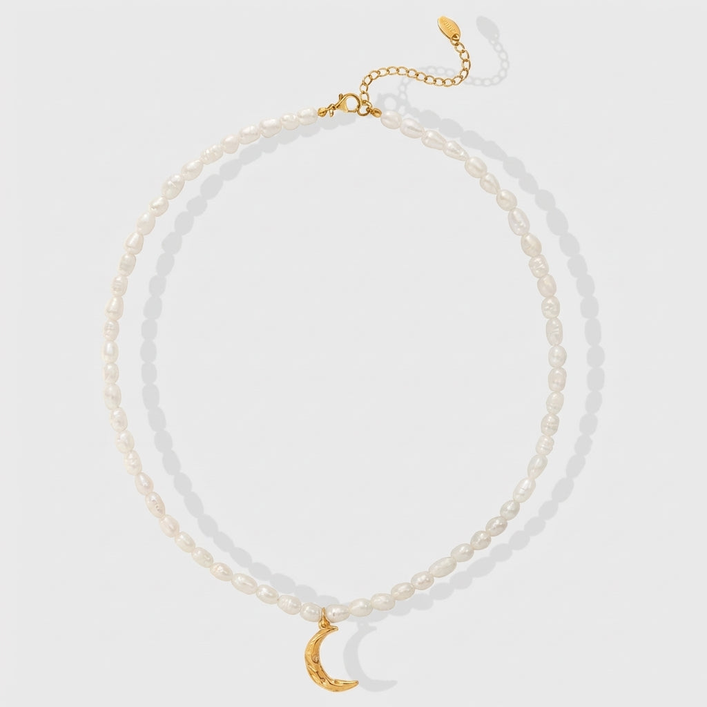 Thaya Freshwater Pearl  Crescent Moon Charm Necklace