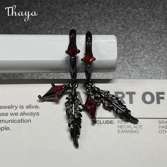 Thaya HOT SALE 🔥 Feather Dangle Earrings with Red Gems