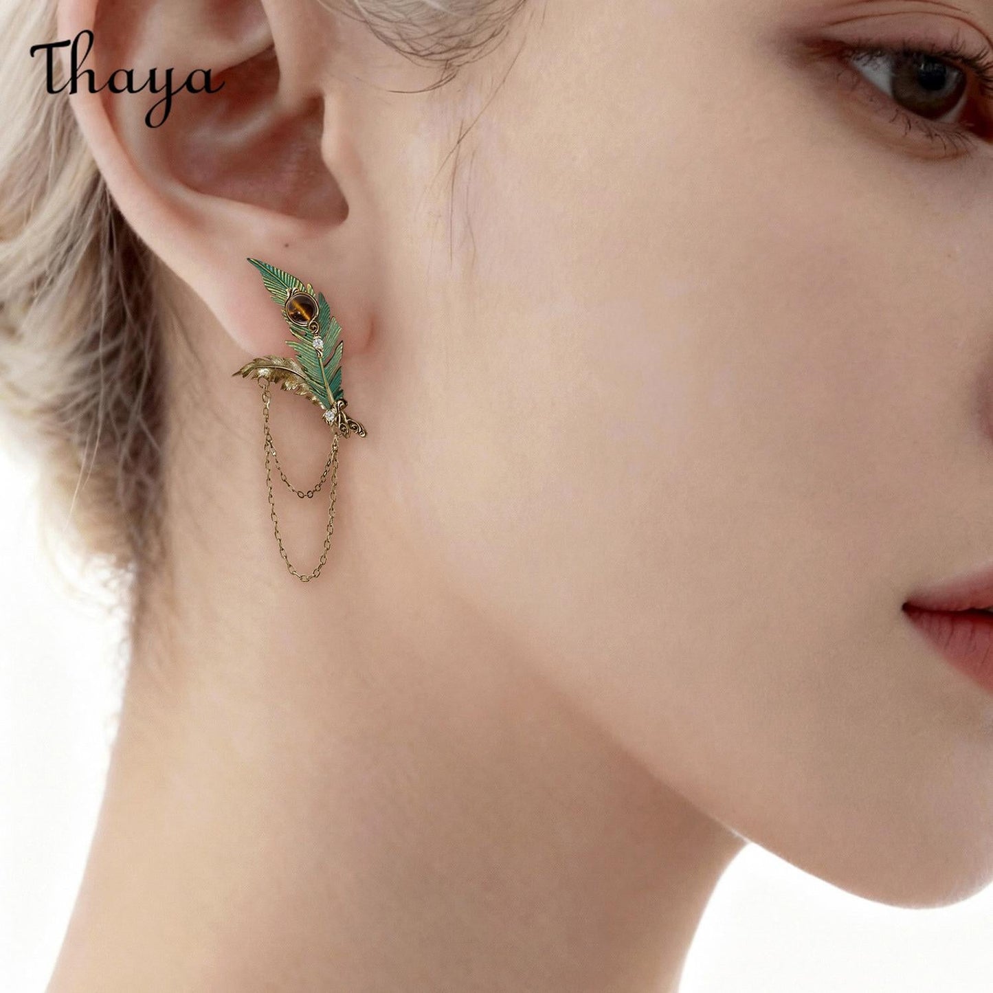 Thaya 🔥 Asymmetrical Green Peacock Feather Tassel Earrings