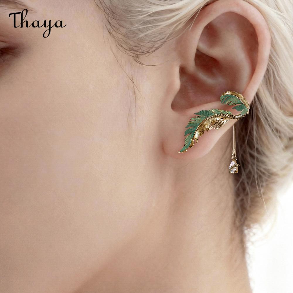 Thaya Green Feather  Ear Cuff Earrings