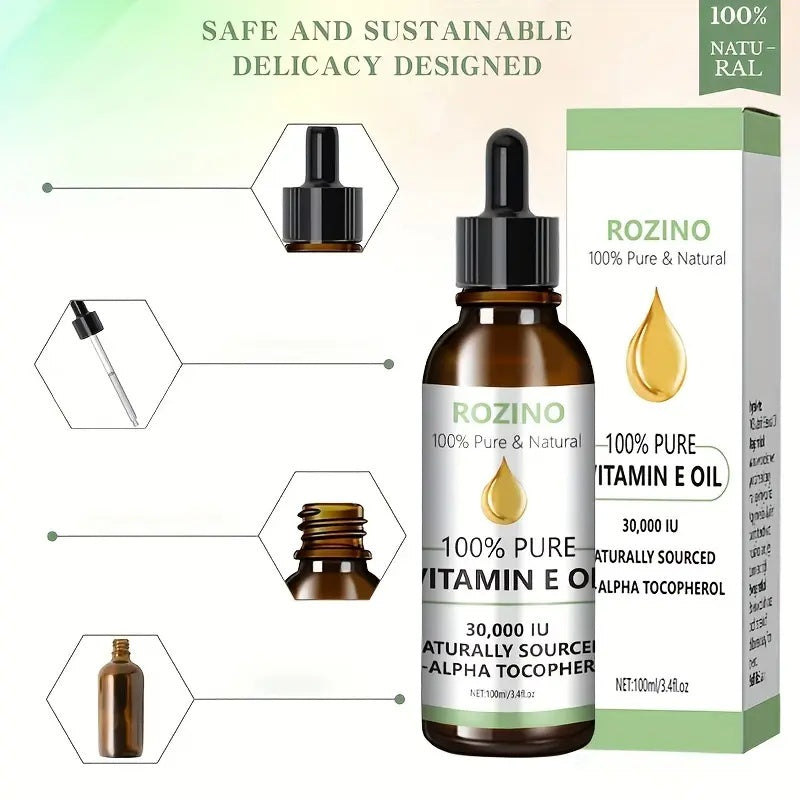 Rozino 100% Pure Natural Vitamin E Oil - Safe & Sustainable Formula Serums Skin Repair body oil lemon balm jojoba oil levanta batana oil dry body oil curly  hair  oil  treatment