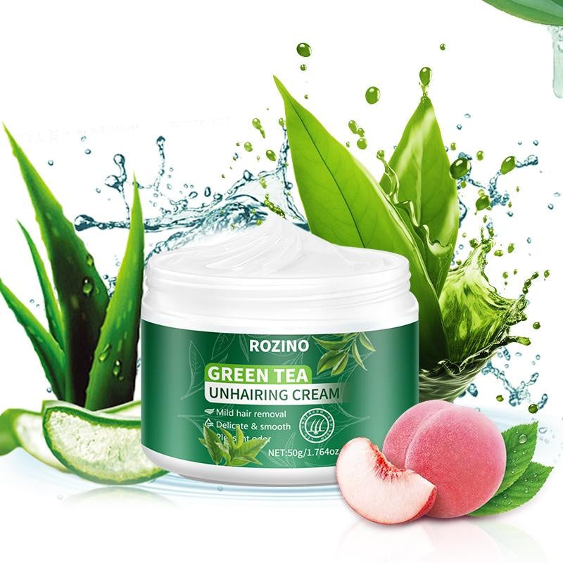 ROZINO Green Tea Unhairing Cream - Painless Gentle Hair Removal for Body Face Bikini Lines & Sensitive Skin - Removes Short Thick Hair - Natural Formula 50g