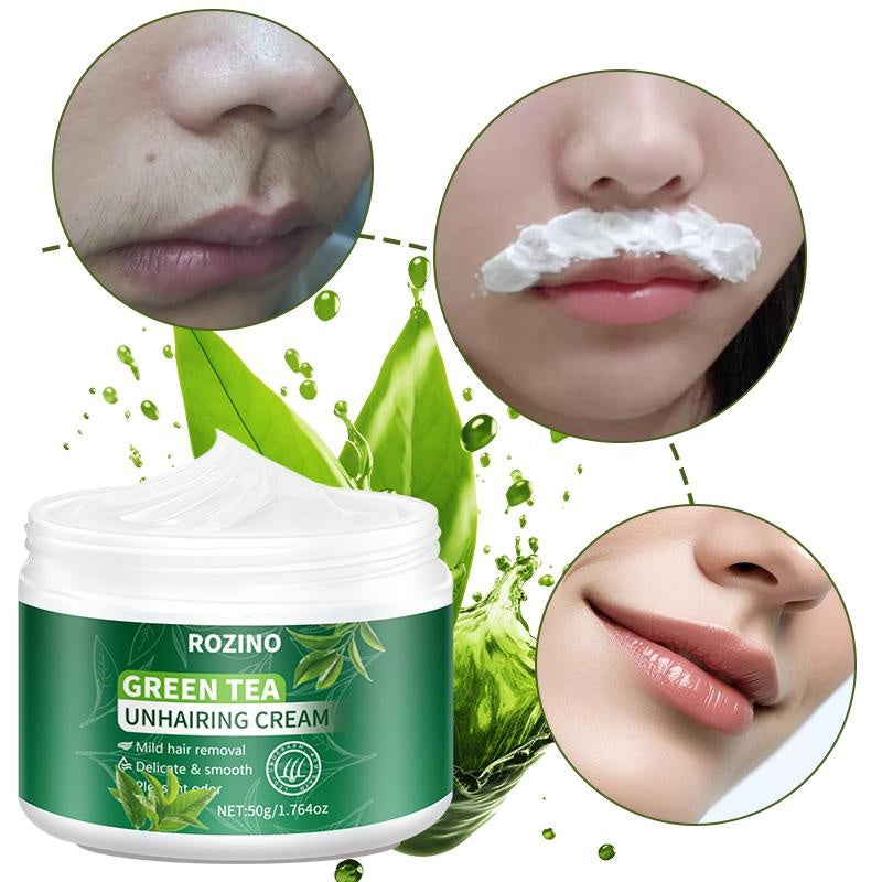 ROZINO Green Tea Unhairing Cream - Painless Gentle Hair Removal for Body Face Bikini Lines & Sensitive Skin - Removes Short Thick Hair - Natural Formula 50g