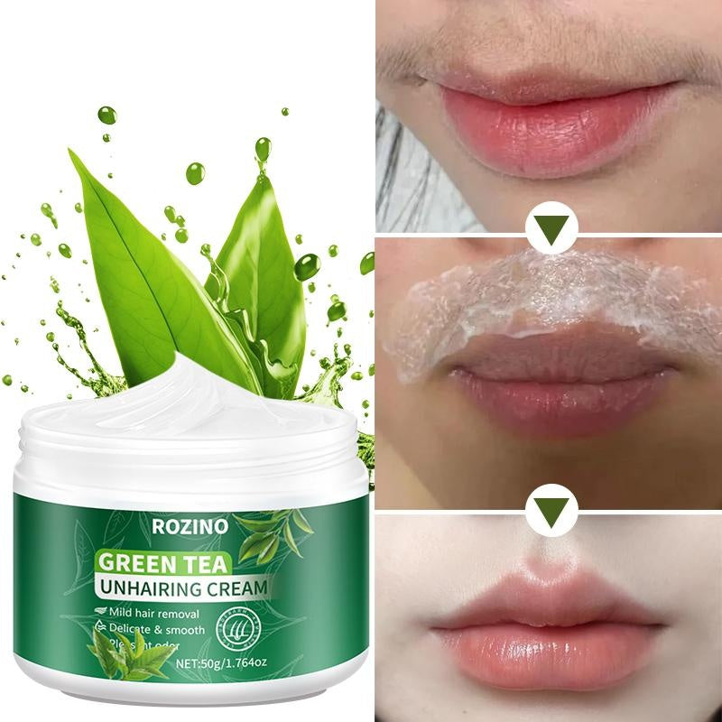 ROZINO Green Tea Unhairing Cream - Painless Gentle Hair Removal for Body Face Bikini Lines & Sensitive Skin - Removes Short Thick Hair - Natural Formula 50g
