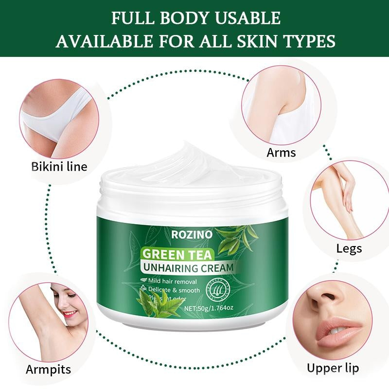 ROZINO Green Tea Unhairing Cream - Painless Gentle Hair Removal for Body Face Bikini Lines & Sensitive Skin - Removes Short Thick Hair - Natural Formula 50g