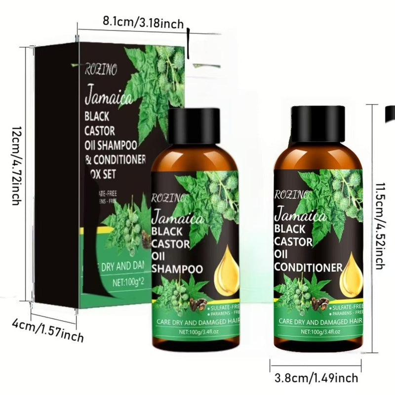 Rozino Jamaica Black Castor Oil Shampoo & Conditioner Set for Dry Damaged Hair Care Cleansing Routine 100g Each Bottle