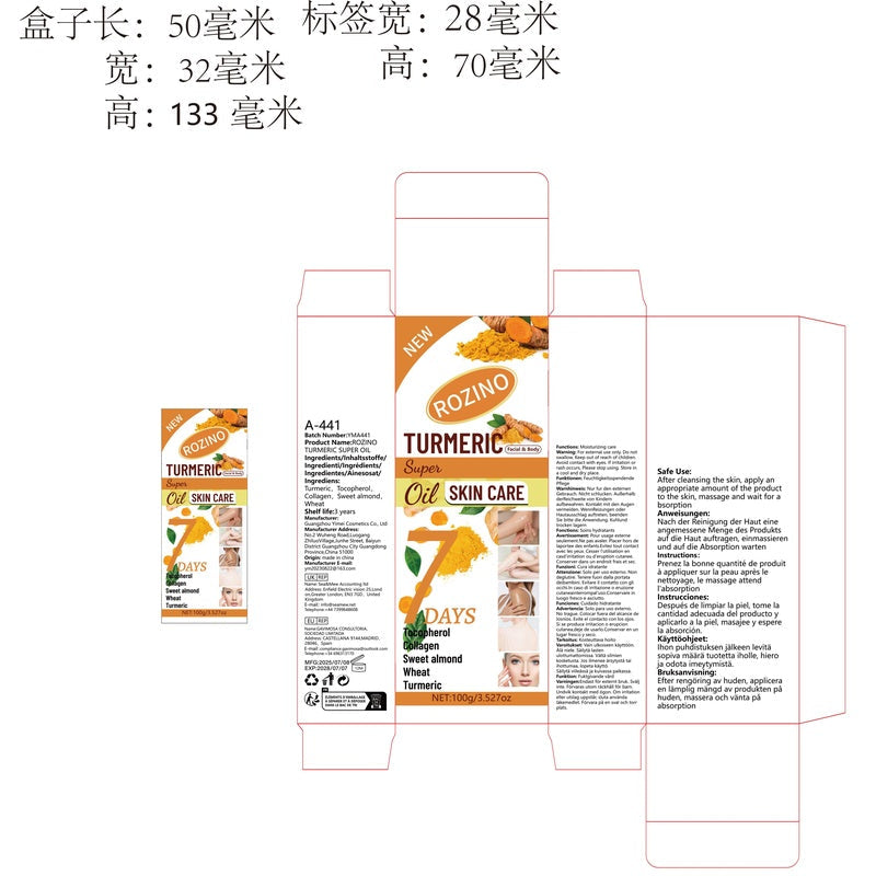 Rozino Turmeric Oil Super Skin Care Formula 100g Unisex 7 Days Benefits for Skin Health Natural Ingredients