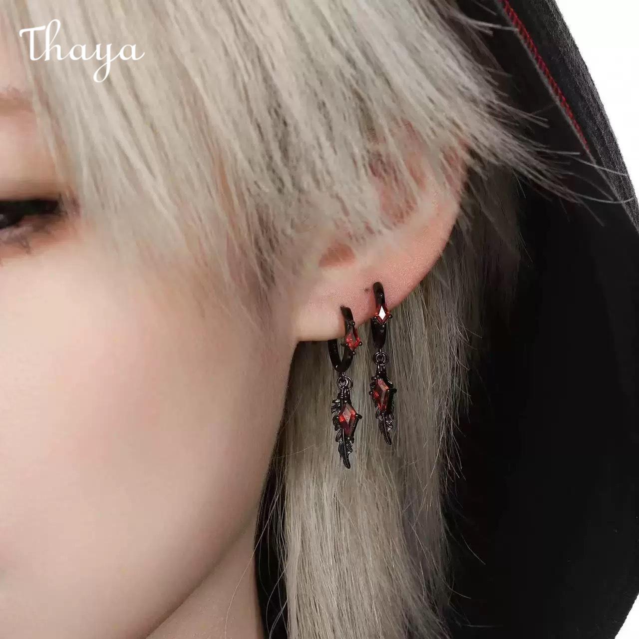 Thaya HOT SALE 🔥 Feather Dangle Earrings with Red Gems