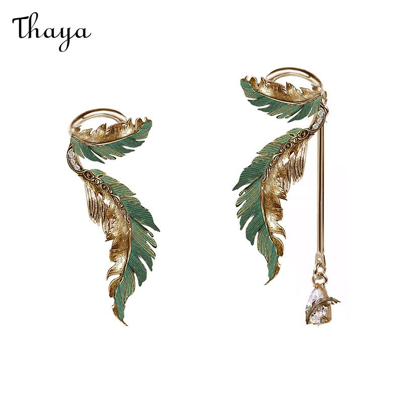 Thaya Green Feather  Ear Cuff Earrings