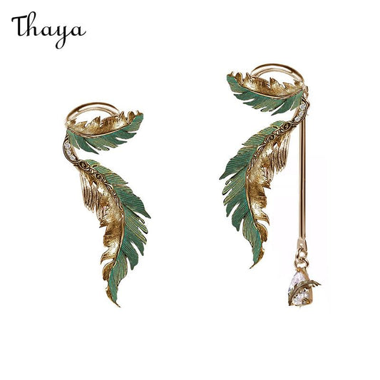 Thaya Green Feather  Ear Cuff Earrings
